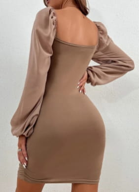 A taupe satin square neck lantern sleeve slim mini dress with puffed long sleeves.