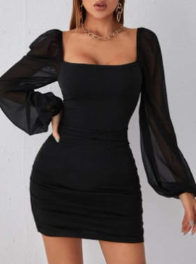Black mini dress with sheer puffy long sleeves and square neckline featuring a slim fit design.