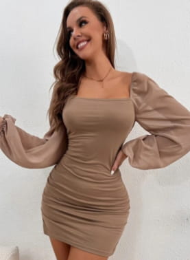 A taupe square neck lantern sleeve slim mini dress featuring puffy long sleeves and a form-fitting silhouette.