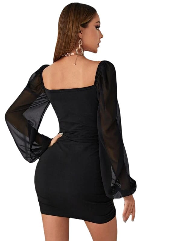 black mini dress featuring sheer puffy long sleeves and a square neckline ideal for elegant occasions