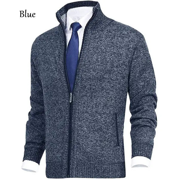 Herren-Cardigan mit Strukturstrick und Reißverschluss in Blau, mit gerippten Bündchen und Kragen, aus weichem Strickmaterial gefertigt.