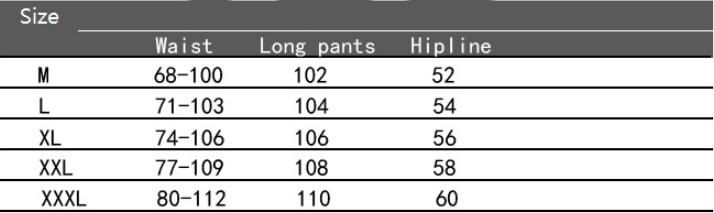 Guide des tailles pour les joggers cargo pour homme, pantalons de sport décontractés, indiquant les mesures de la taille, la longueur du pantalon et des hanches selon les tailles de M à XXXL.