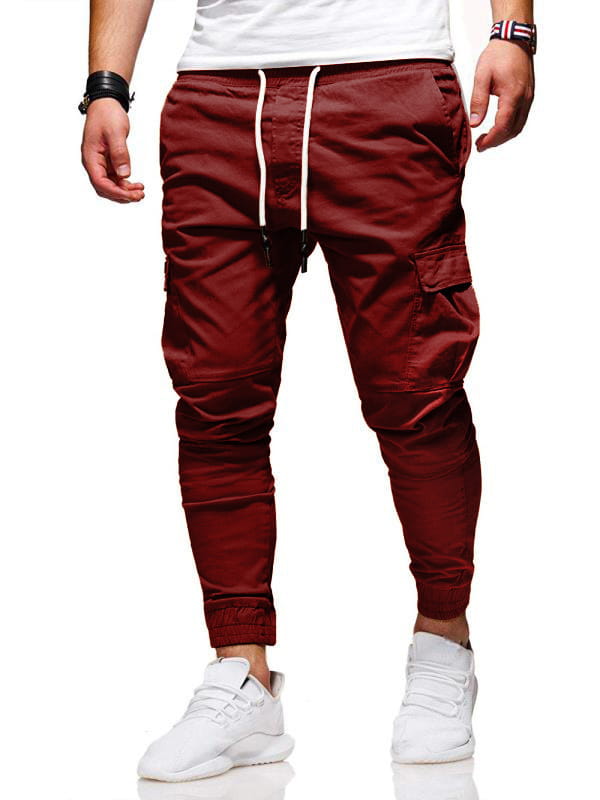 Joggers cargo pour homme en bordeaux, pantalons de sport décontractés, avec des cordons de serrage blancs et des poignets élastiques pour un port confortable