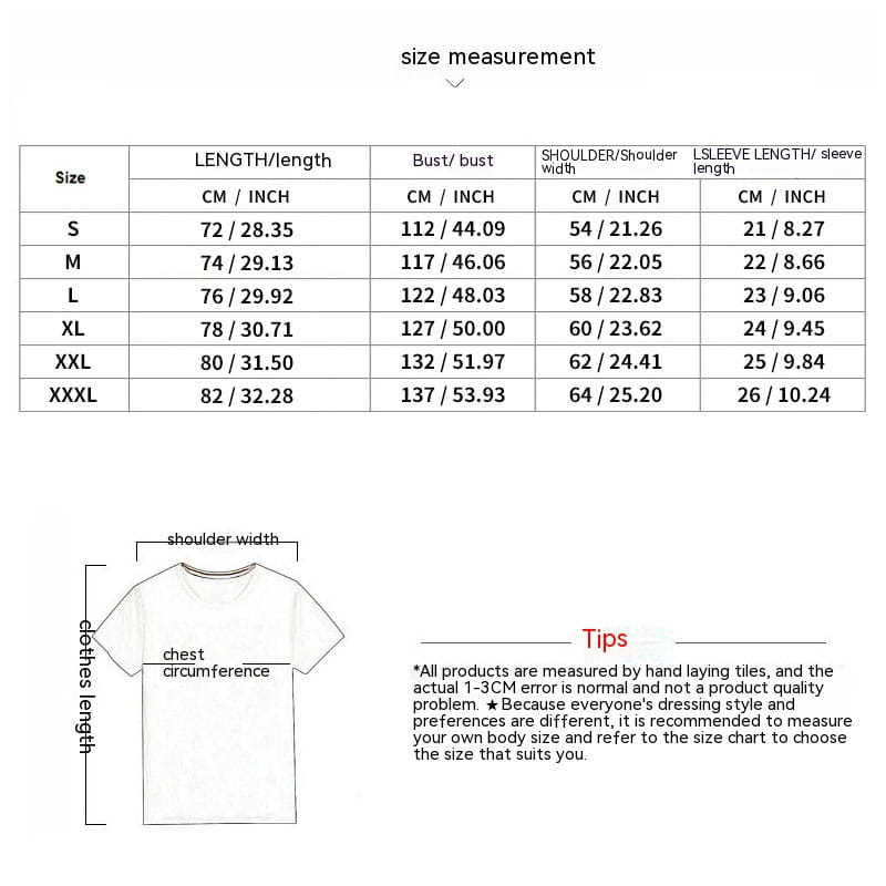 white textured geometric cotton blend t-shirt with size measurements and fit guidelines displayed on a diagram.