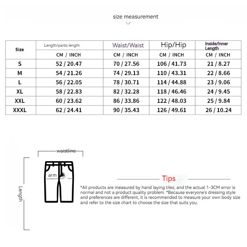 Size chart for men’s textured geometric cotton blend t-shirt and shorts set showing pants measurements in centimeters and inches from size s to xxxl.