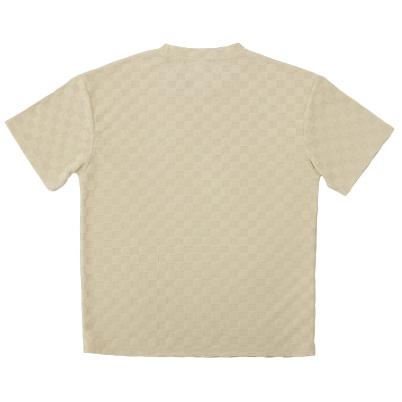 Beige textured geometric cotton blend short-sleeved t-shirt with a subtle checkered pattern from a t-shirt and shorts set.
