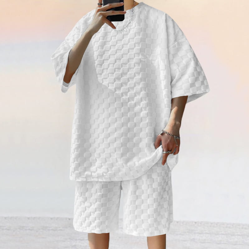 White textured cotton blend t-shirt and shorts set featuring a geometric quilted pattern.