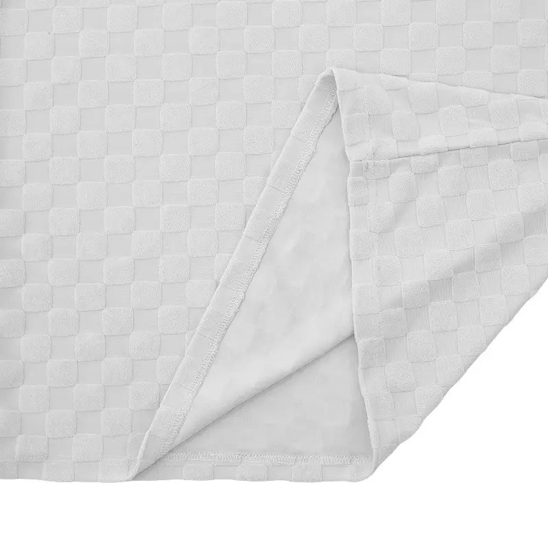 white woven-textured cotton blend t-shirt and shorts set with soft plush interior lining designed for comfort and style