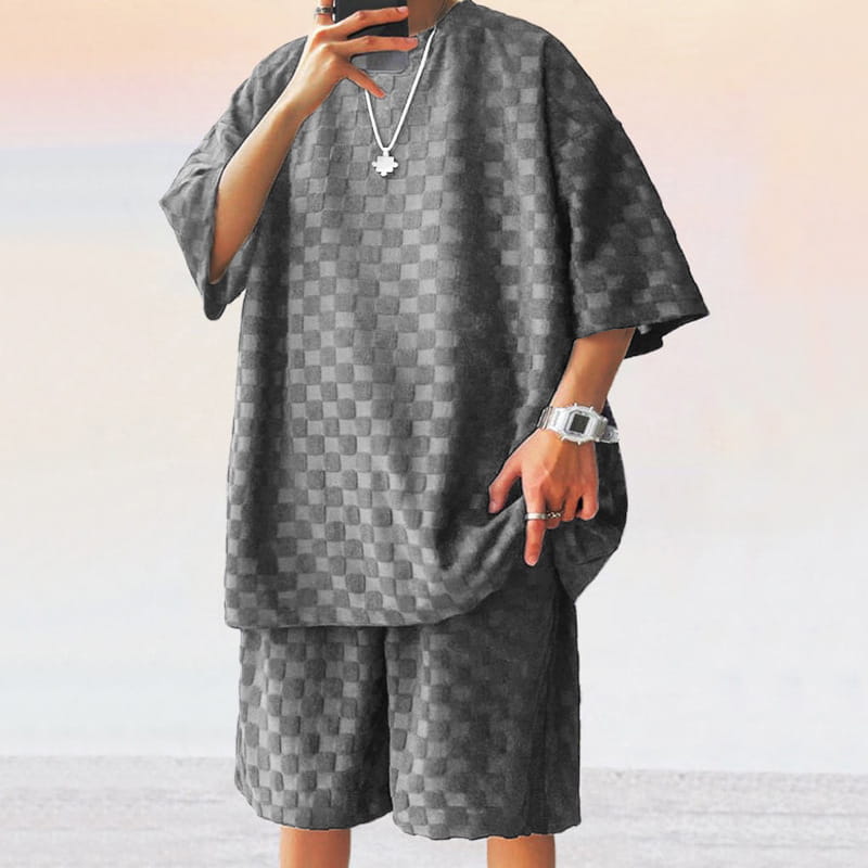 gray checkered textured geometric cotton blend two-piece t-shirt and shorts set displayed from the back side