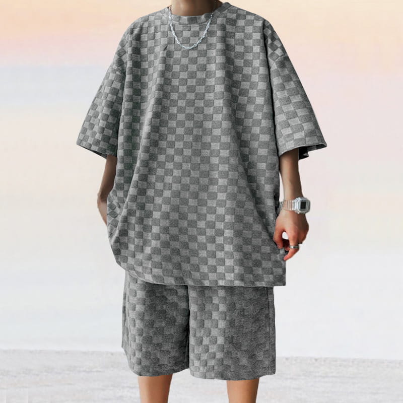 Gray checkered textured geometric cotton blend t-shirt and matching shorts set for casual wear