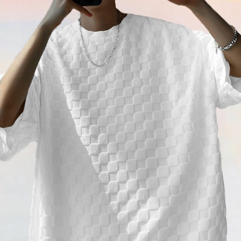 white textured short-sleeve t-shirt with a quilted geometric pattern in a cotton blend fabric from the textured geometric cotton blend t-shirt and shorts set