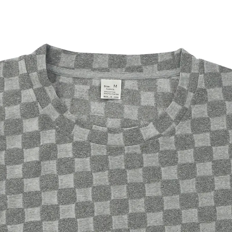 gray and white checkered cotton blend crew neck t-shirt from the textured geometric cotton blend t-shirt and shorts set