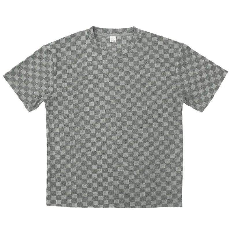 Gray checkered short-sleeve t-shirt in a textured geometric cotton blend fabric designed for a coordinated set with shorts.