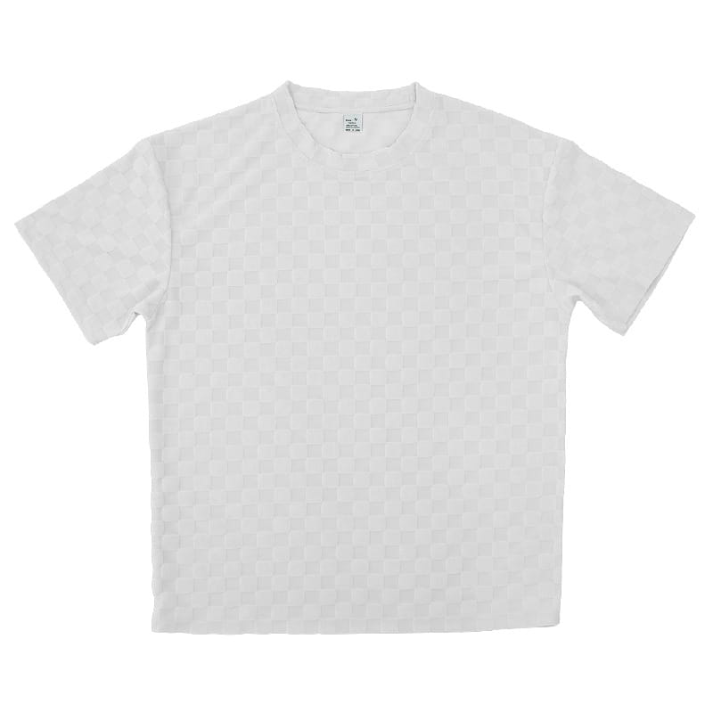 White short-sleeved textured geometric cotton blend t-shirt with a subtle pattern across the fabric.