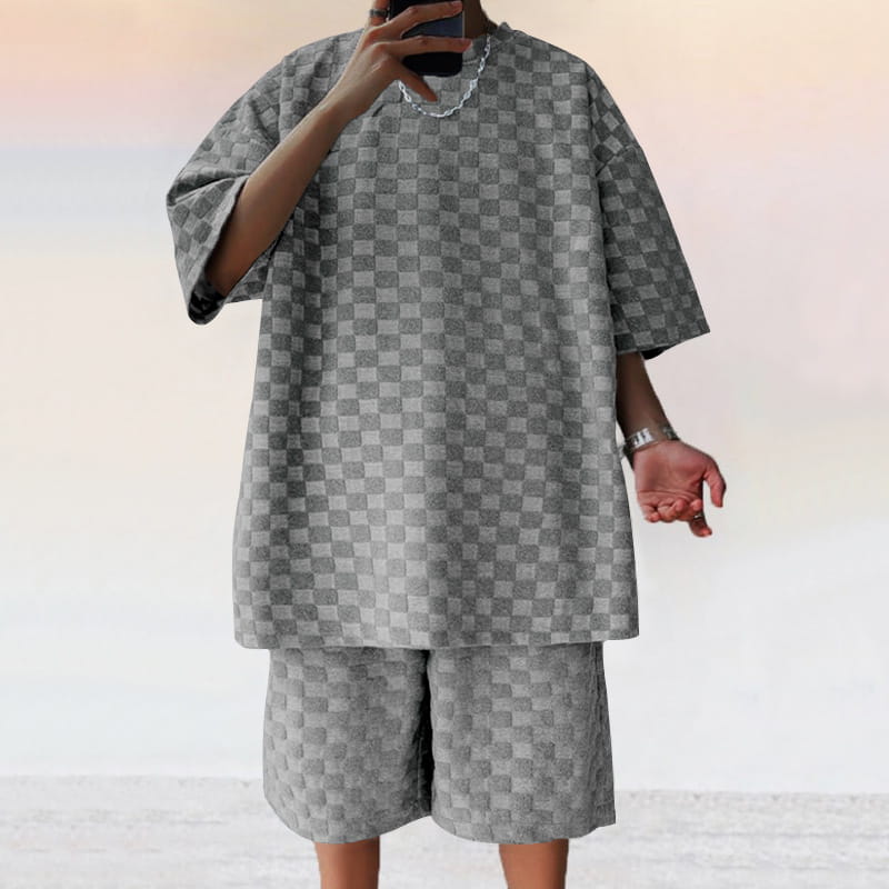 gray checkered textured geometric cotton blend t-shirt and matching shorts set displayed from the front view