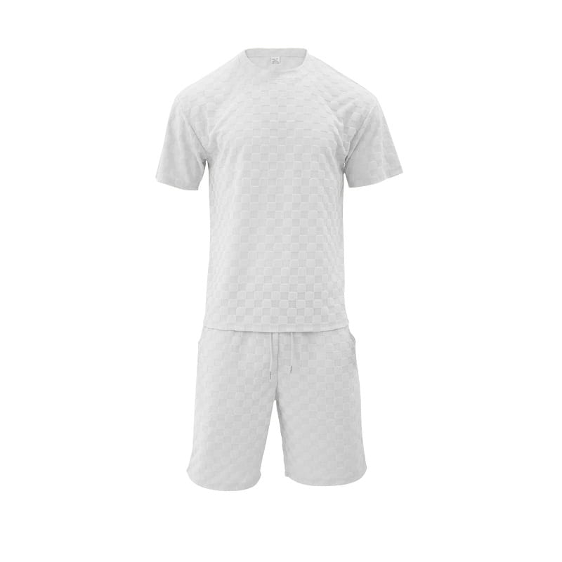 white textured geometric cotton blend t-shirt and shorts set with a subtle checkered pattern.