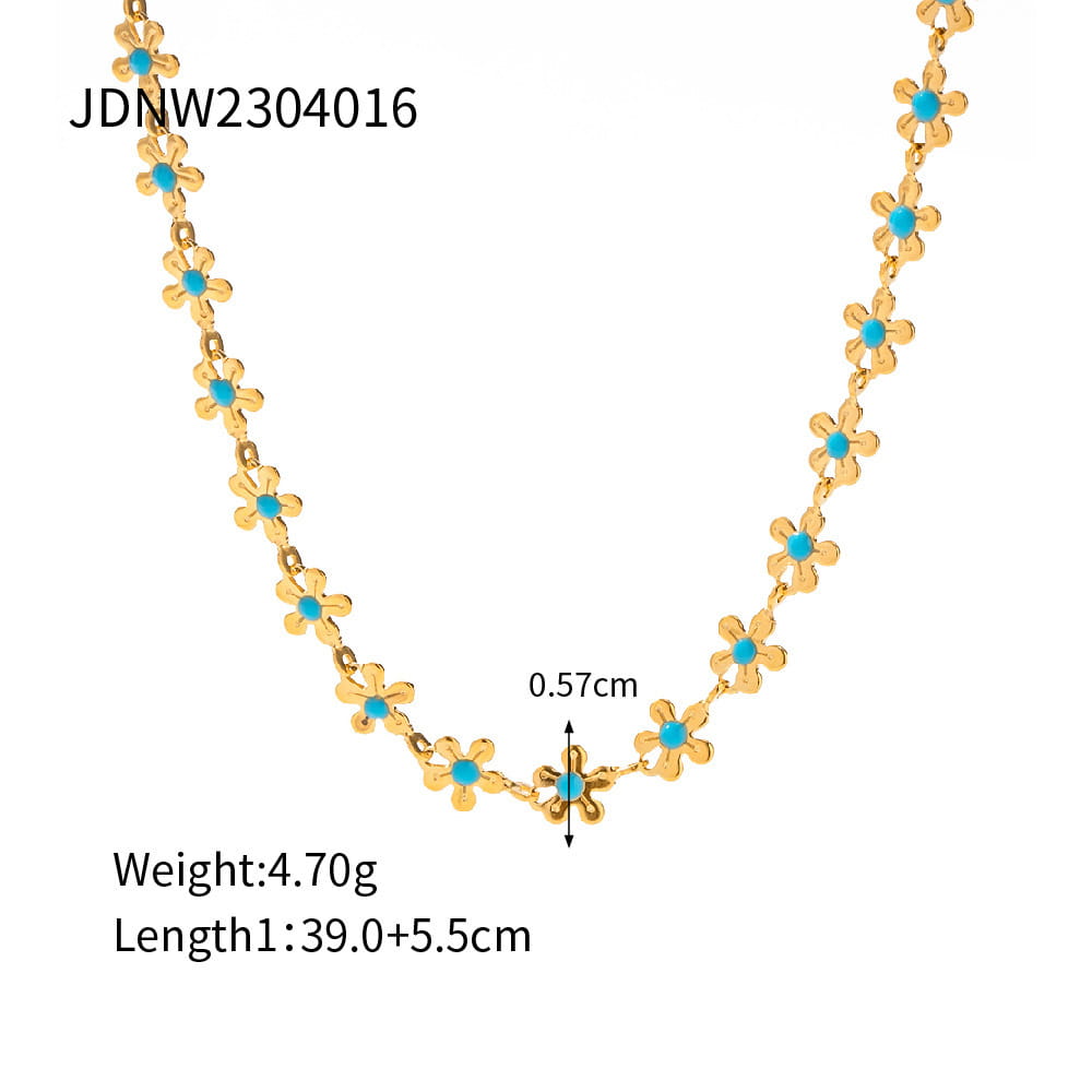 Gold-colored chain necklace with delicate flower-shaped links featuring turquoise center stones from the turquoise daisy gold chain necklace and bracelet set.