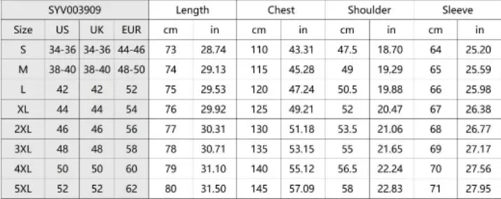 Size chart for syv003909 jacket showing measurements in cm and inches for sizes s to 5xl of a loose linen blend breathable long sleeve sports shirt.