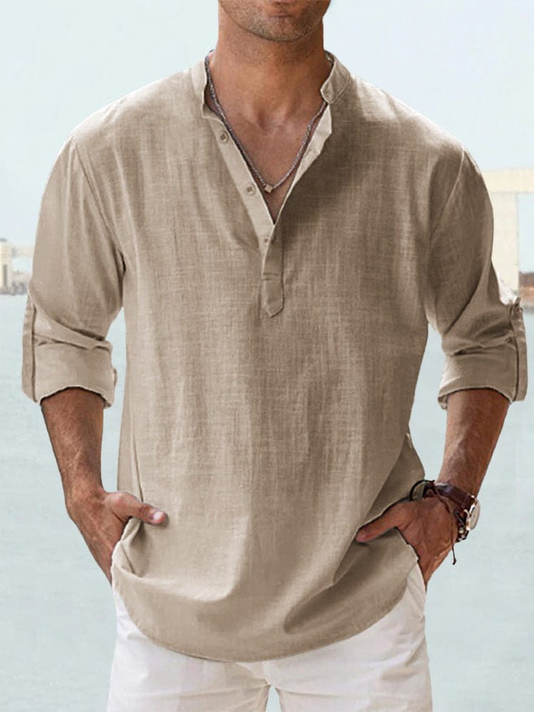 Beige linen blend breathable long sleeve sports shirt with rolled-up sleeves and a subtle textured weave.