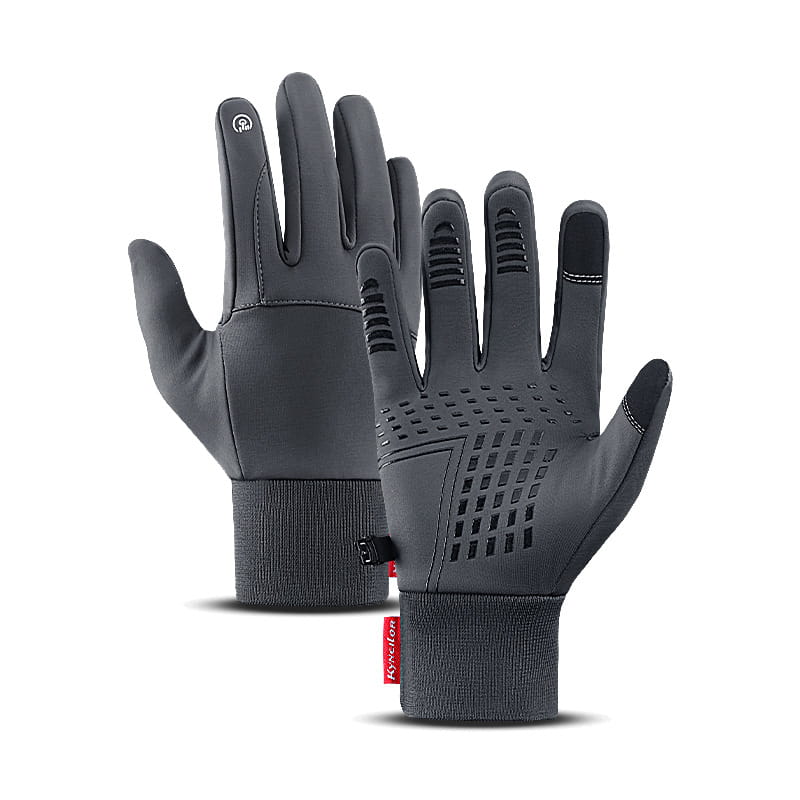 Gants de cyclisme pour écran tactile noirs avec matière coupe-vent, motifs de prise texturés et bandeau élastique au poignet ajusté, présentés côté dos.