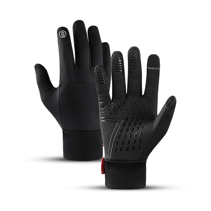 Gants de cyclisme pour écran tactile noirs avec extrémités des doigts texturées et paume perforée pour une meilleure adhérence, ainsi qu’une manchette élastique ajustée conçue pour un usage sportif coupe-vent, montrant le côté dos des gants.
