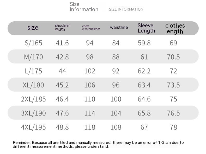 Size information chart in centimeters for men’s slim fit casual blazer suit jacket showing measurements from size s 165 to 4xl 195.