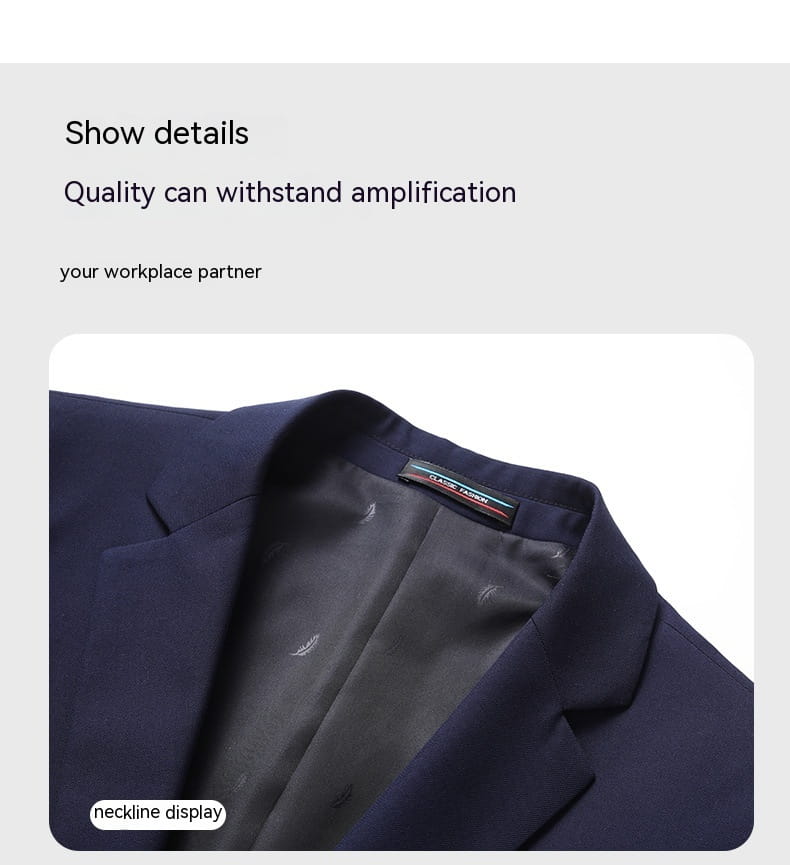 Men’s slim fit casual blazer suit jacket in dark navy blue with subtle patterned lining and branded label on the collar.