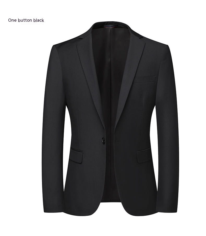 A sleek one-button black men’s slim fit casual blazer suit jacket with a tailored fit and subtle texture.