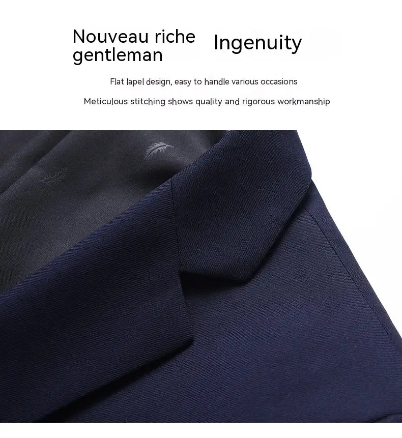 Men’s slim fit casual blazer suit jacket in dark navy blue with a flat lapel design and meticulous stitching.
