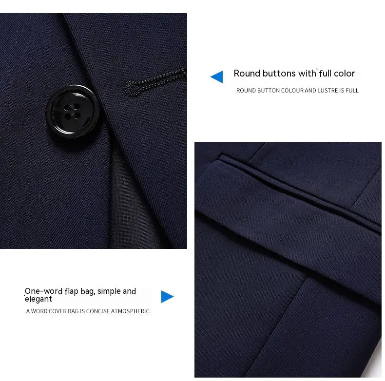 Men’s slim fit casual blazer suit jacket in dark navy blue fabric with a sleek minimalist design and round black buttons featuring full color and lustre.