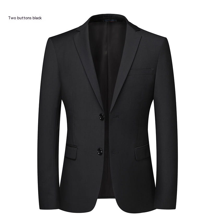 Men’s slim fit casual blazer suit jacket in black with two black buttons and a sleek tailored fit.