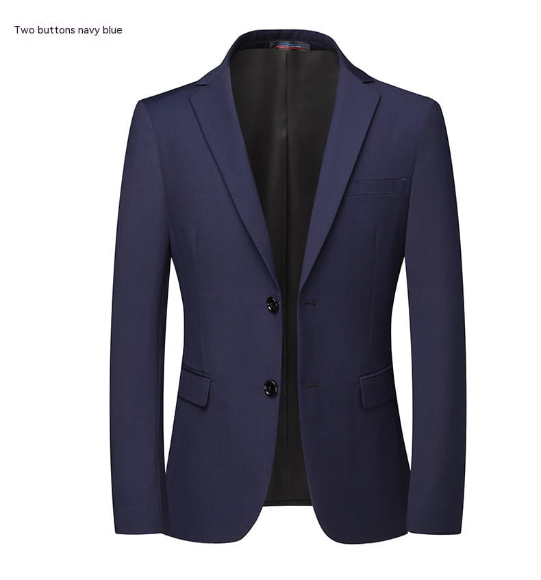 Men’s slim fit casual blazer suit jacket in navy blue with black buttons and a sleek tailored fit.