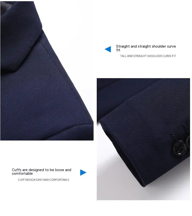 Men’s slim fit casual blazer suit jacket in dark navy blue featuring a tailored design with a straight shoulder curve and loose comfortable cuffs.