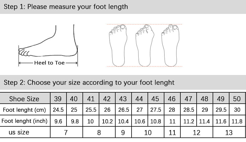 Shoe size chart showing foot length in centimeters and inches with corresponding US sizes for men’s brogue casual leather sneakers lightweight.