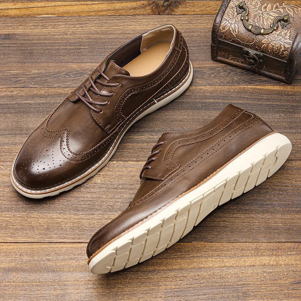men’s brogue casual leather sneakers in brown with lace-up design white rubber sole and perforated detailing.
