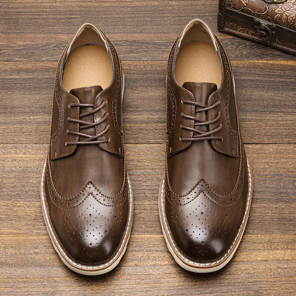 Men’s brogue casual leather sneakers in brown with perforated detailing and white stitching made from lightweight leather.