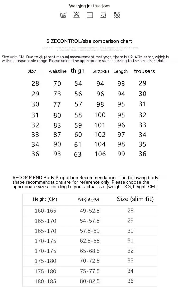 Size chart for mens pleated drape casual trousers showing waistline thigh buttocks and trousers measurements in centimeters for sizes 28 to 36.