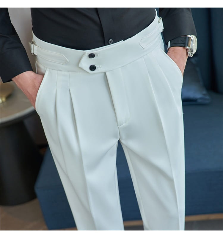 Mens pleated drape casual trousers in white featuring a high-waisted design and black button accents.