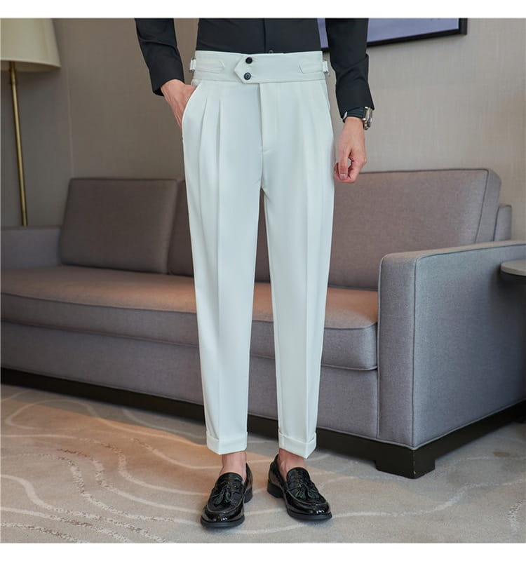 Light gray mens pleated drape casual trousers with tailored fit and buttoned waistband.