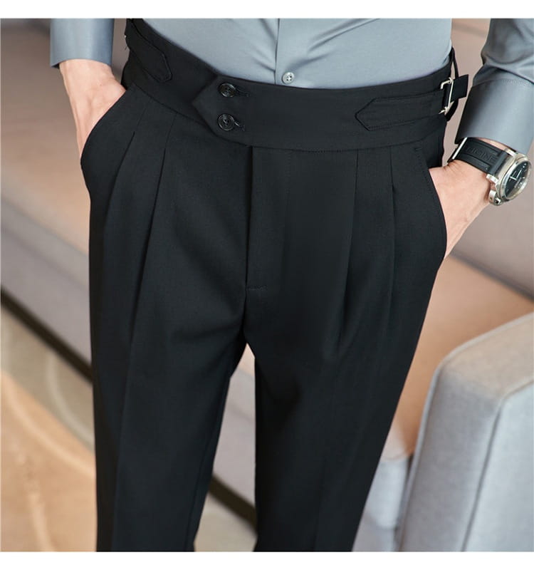 Mens pleated drape casual trousers in black featuring a tailored waistband with two buttons and belt loops.