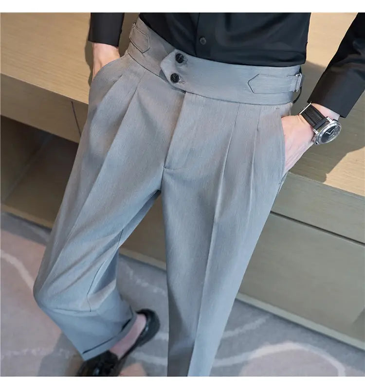 Light gray mens pleated drape casual trousers with a high-waisted design and double-button closure.