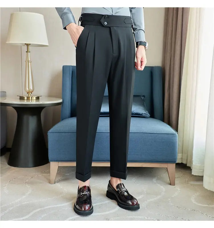 Black mens pleated drape casual trousers with a structured waistband and modern tailored pleats.