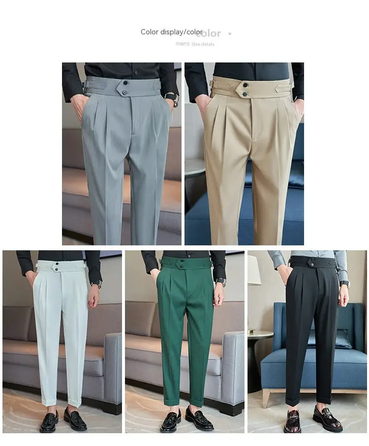 Mens pleated drape casual trousers in tailored pleated design available in gray beige light blue green and black colors.