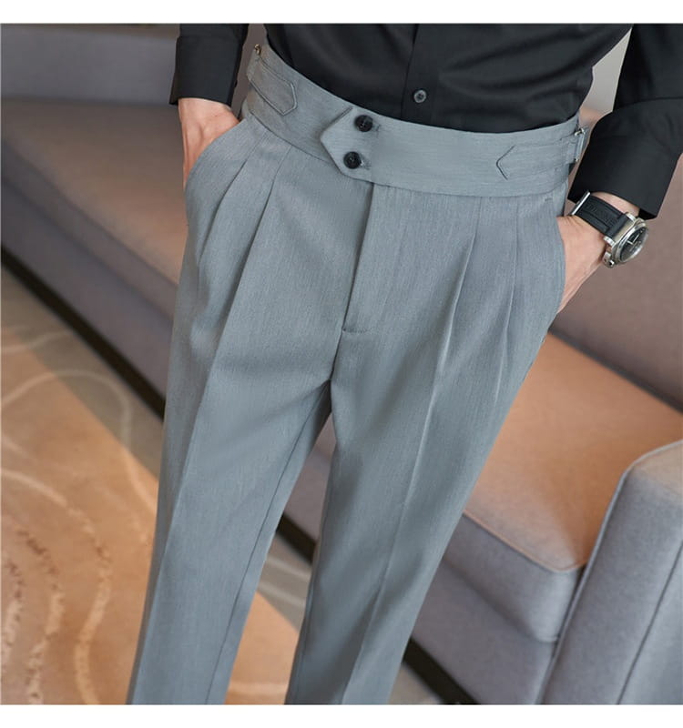 Gray pleated drape casual trousers featuring a tailored fit and double-button waistband for men.