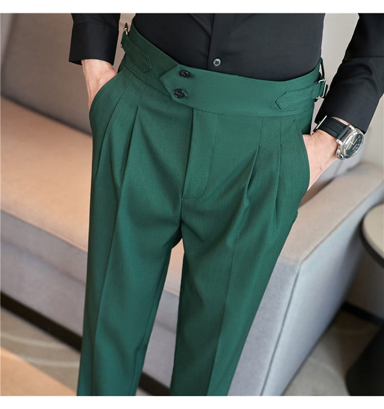Dark green mens pleated drape casual trousers with high-waisted design and double-button closure.