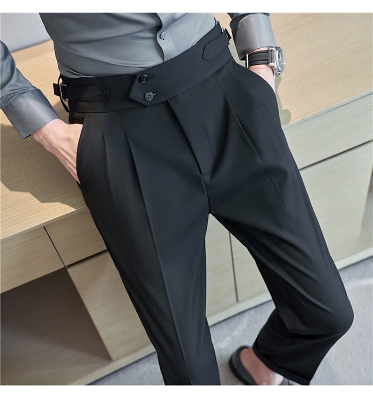 Black mens pleated drape casual trousers featuring a structured waistband and pleats for a tailored fit.