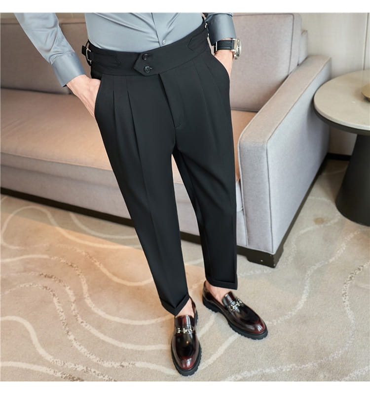 Black mens pleated drape casual trousers with a high waist, pleated front, and double-button closure.