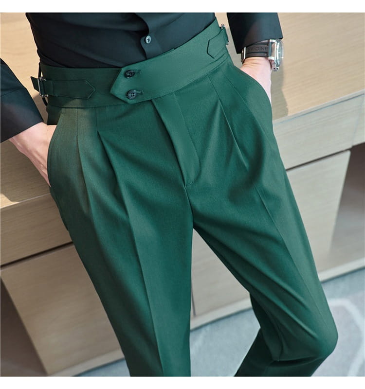 Mens pleated drape casual trousers in deep green featuring pleats and a wide belt with two black buttons and silver-toned hardware.