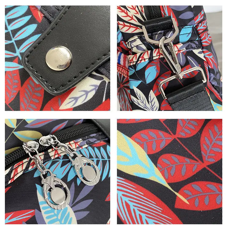 Oxford cloth floral messenger bag featuring a vibrant leaf-patterned design with a black base and colorful red, blue, and yellow foliage on a retro shoulder purse.