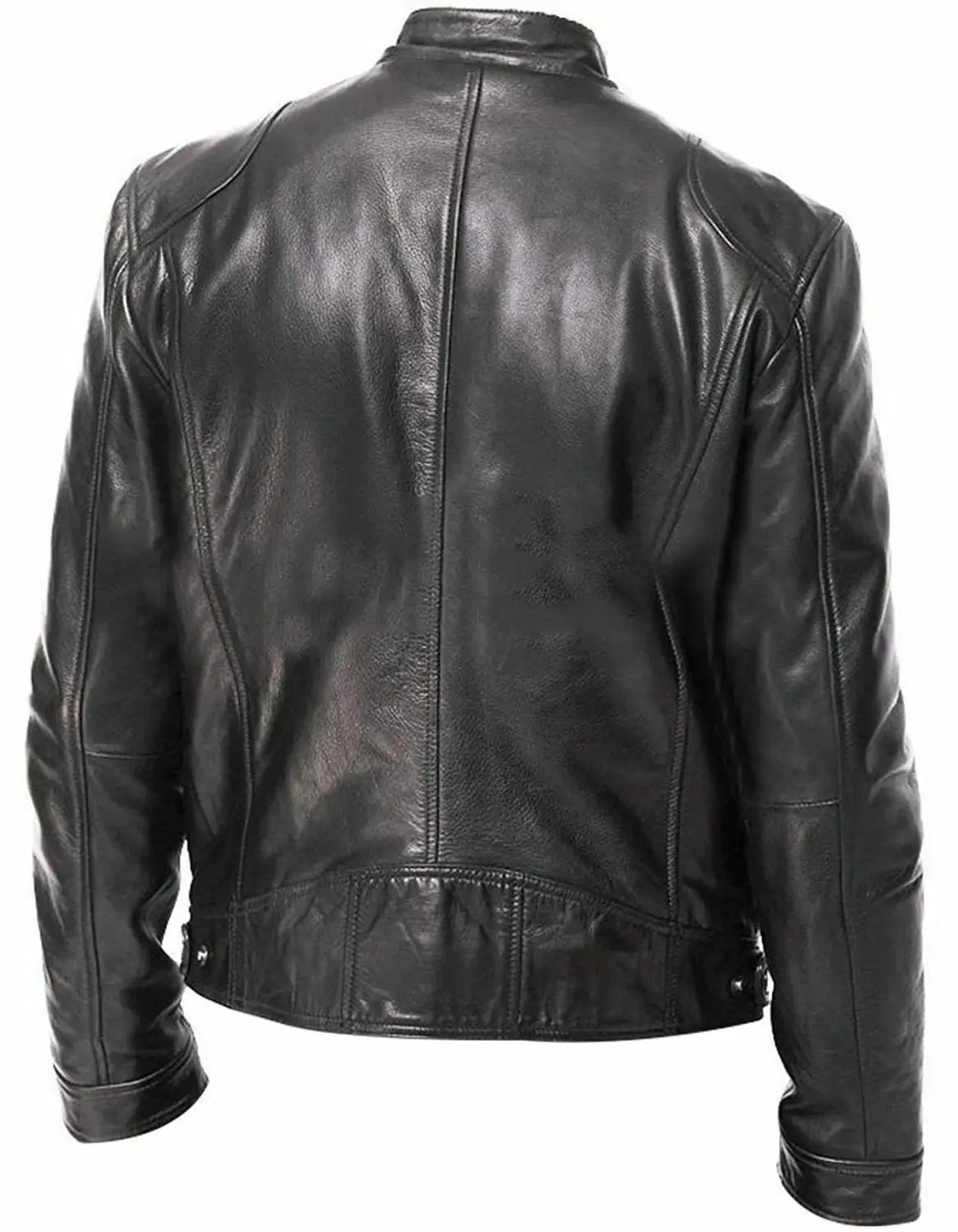 Black slim fit pu leather motorcycle jacket with classic fitted design and visible stitching along the seams.